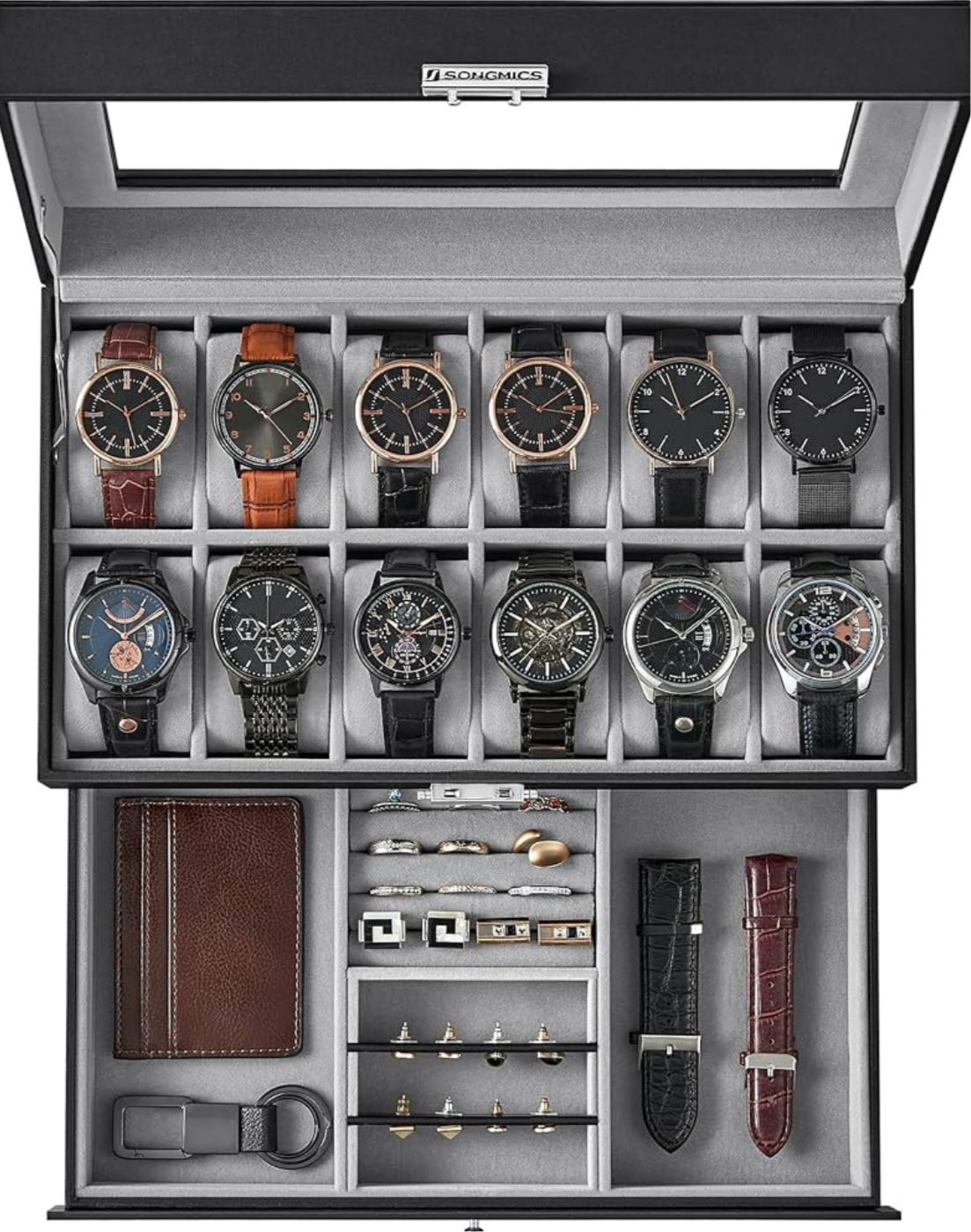 SONGMICS 12 Slots Watch Box Mens Watch Organizer Lockable Jewelry Display Case with Real Glass Top Black Faux Leather UJWB012