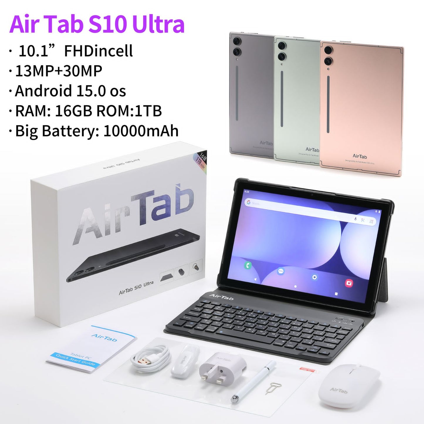 Airtab S10 Ultra – 10.1” 5G Wi-Fi Android Tablet, 16GB RAM + 1TB Storage, 10000mAh Battery – With Wireless Arabic Keyboard (Gold)