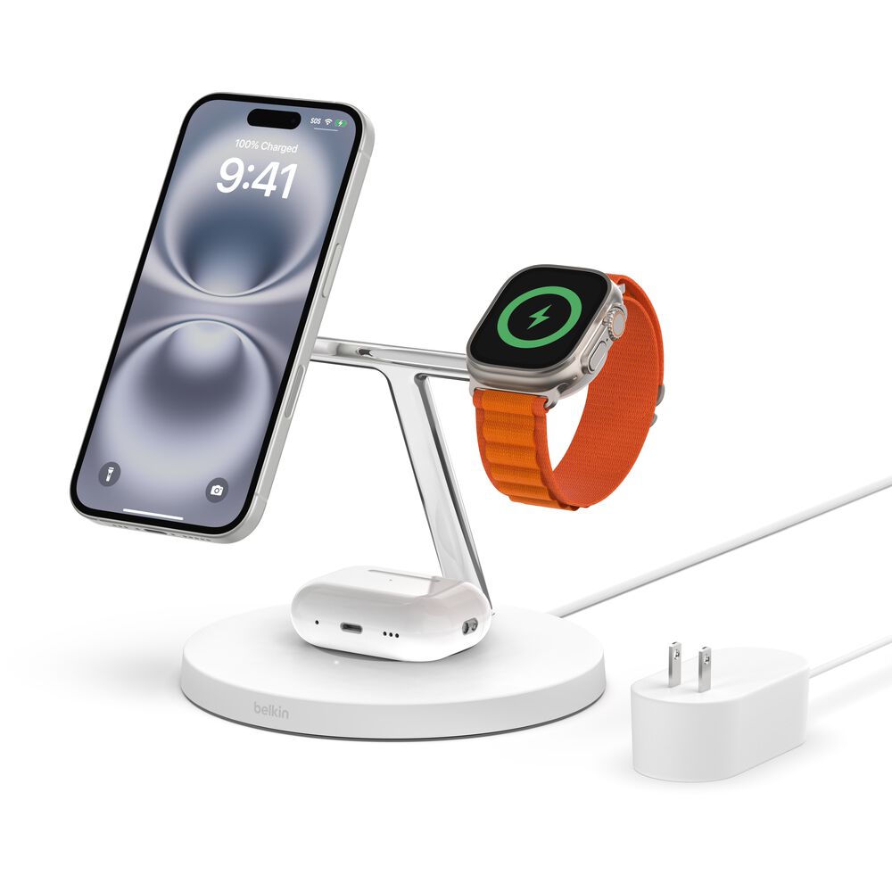 Belkin MagSafe 3-in-1 Wireless Charging Station – 15W Fast Charger for iPhone, Apple Watch & AirPods (White)
