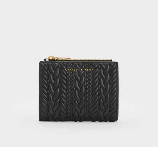 Charles & Keith Card Holder Wallet for women, Apolline Textured Top-Zip Card Holder , Ladies Purse, Gift for women Girl -Black