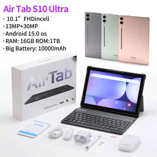 Airtab S10 Ultra – 10.1” 5G Wi-Fi Android Tablet, 16GB RAM + 1TB Storage, 10000mAh Battery – With Wireless Arabic Keyboard (Gold)